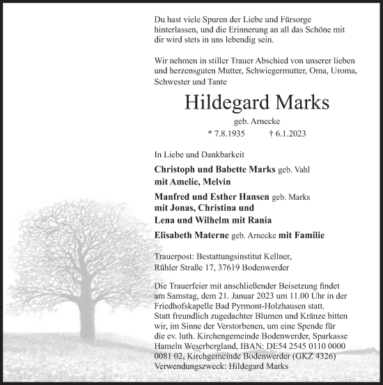 Traueranzeige von Hildegard Marks von Deister- und Weserzeitung