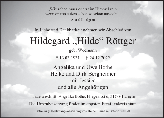 Traueranzeige von Hildegard Röttger von Deister- und Weserzeitung