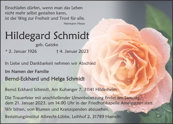 Traueranzeige von Hildegard Schmidt von Deister- und Weserzeitung