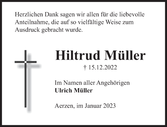 Traueranzeige von Hiltrud Müller von Deister- und Weserzeitung