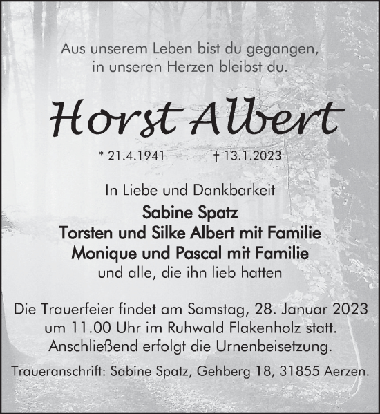Traueranzeige von Horst Albert von Deister- und Weserzeitung