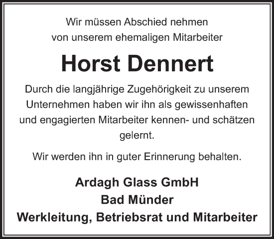 Traueranzeige von Horst Dennert von Neue Deister-Zeitung
