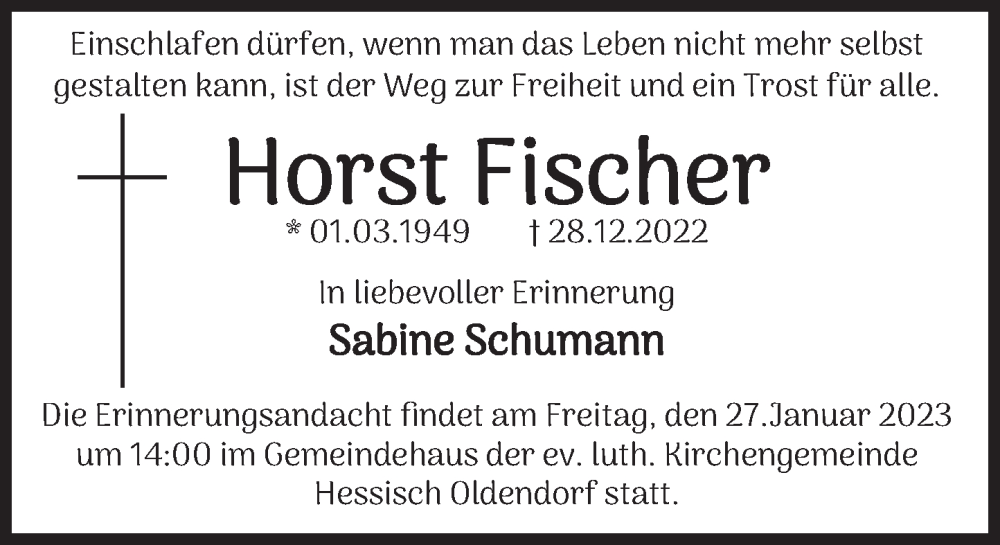  Traueranzeige für Horst Fischer vom 21.01.2023 aus Deister- und Weserzeitung