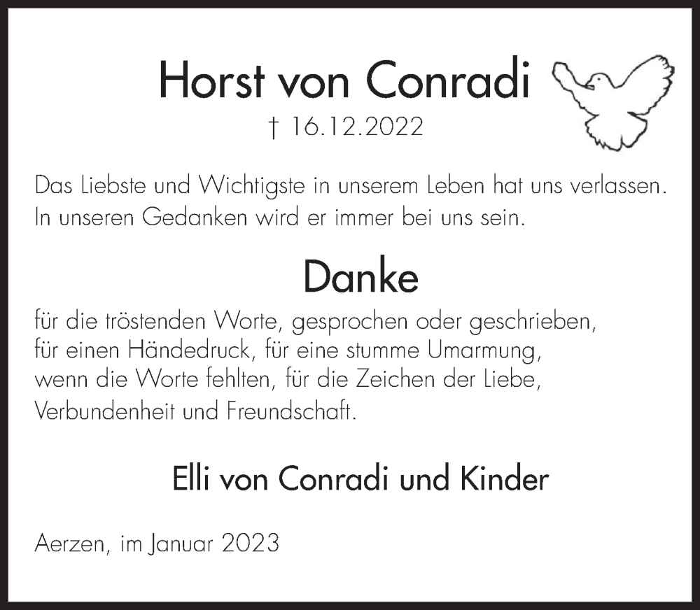  Traueranzeige für Horst  von Conradi vom 14.01.2023 aus Deister- und Weserzeitung