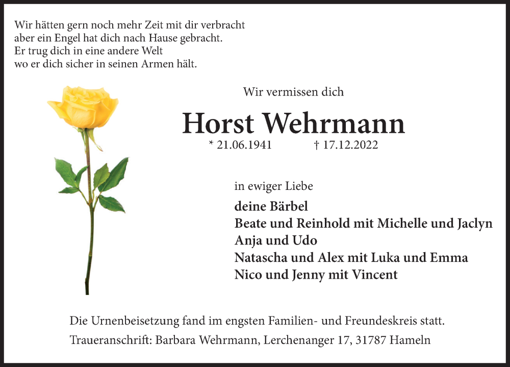  Traueranzeige für Horst Wehrmann vom 07.01.2023 aus Deister- und Weserzeitung