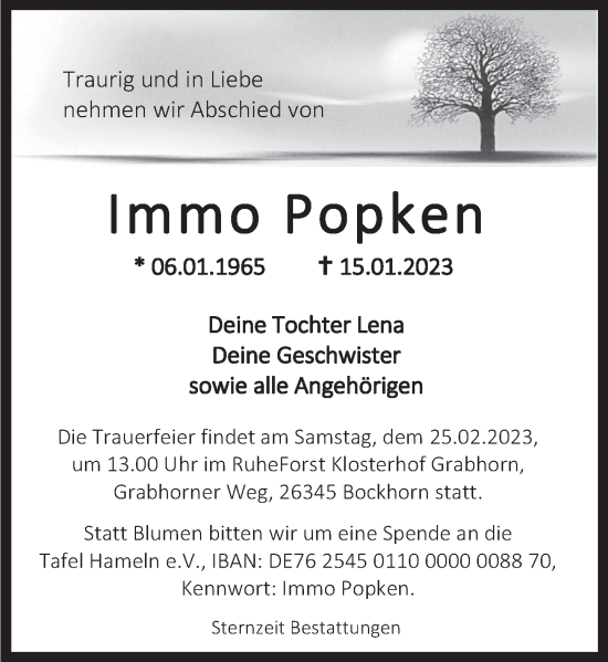 Traueranzeige von Immo Popken von Deister- und Weserzeitung