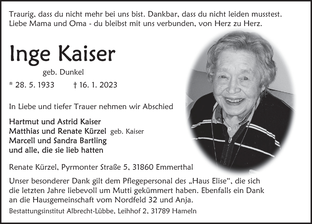  Traueranzeige für Inge Kaiser vom 21.01.2023 aus Deister- und Weserzeitung