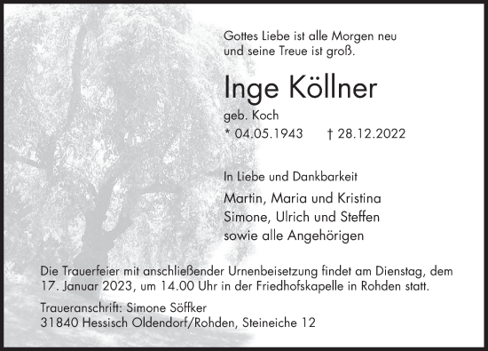 Traueranzeige von Inge Köllner von Deister- und Weserzeitung