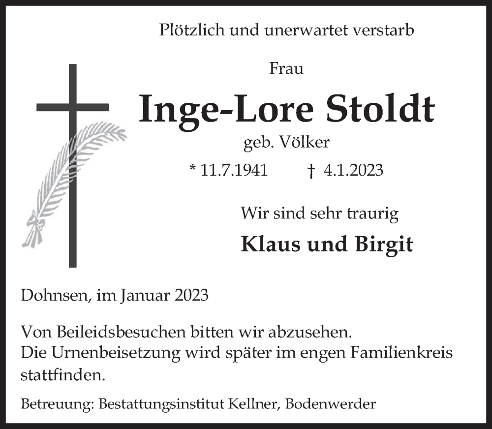  Traueranzeige für Inge-Lore Stoldt vom 10.01.2023 aus Deister- und Weserzeitung