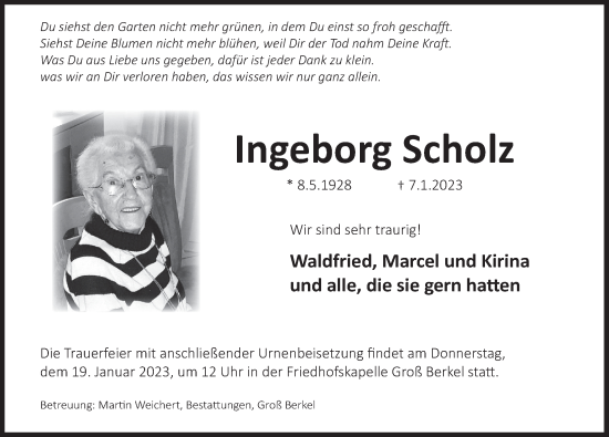 Traueranzeige von Ingeborg Scholz von Deister- und Weserzeitung