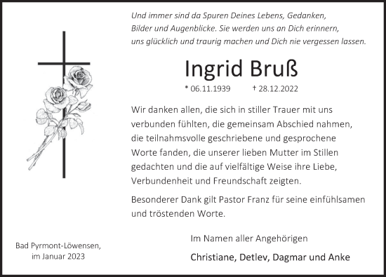 Traueranzeige von Ingrid Bruß von Deister- und Weserzeitung