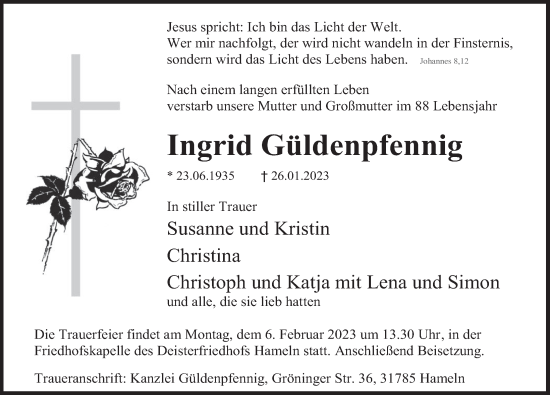 Traueranzeige von Ingrid Güldenpfennig von Deister- und Weserzeitung