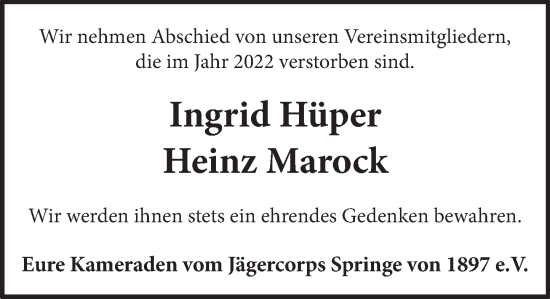 Traueranzeige von Ingrid Hüper von Neue Deister-Zeitung