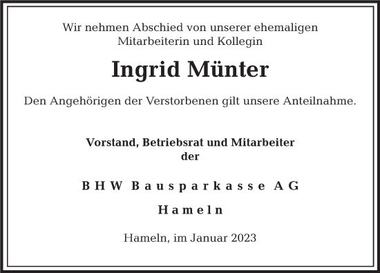 Traueranzeige von Ingrid Münter von Deister- und Weserzeitung