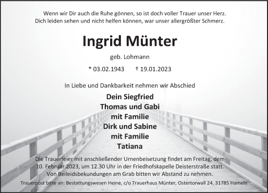 Traueranzeige von Ingrid Münter von Deister- und Weserzeitung
