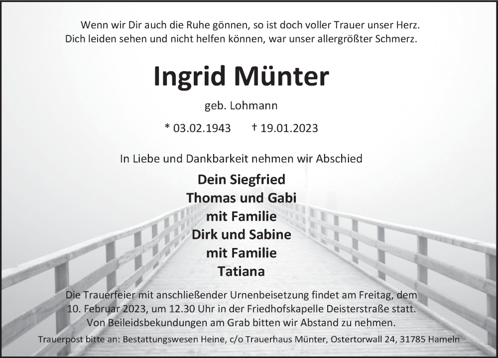  Traueranzeige für Ingrid Münter vom 28.01.2023 aus Deister- und Weserzeitung