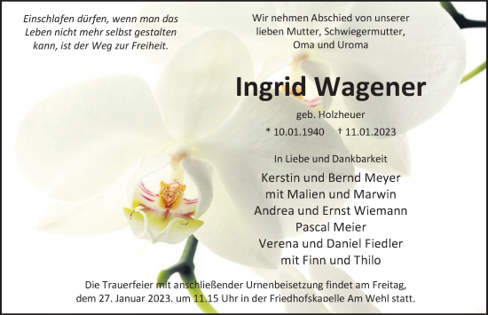 Traueranzeige von Ingrid Wagener von Deister- und Weserzeitung