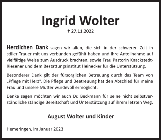 Traueranzeige von Ingrid Wolter von Deister- und Weserzeitung