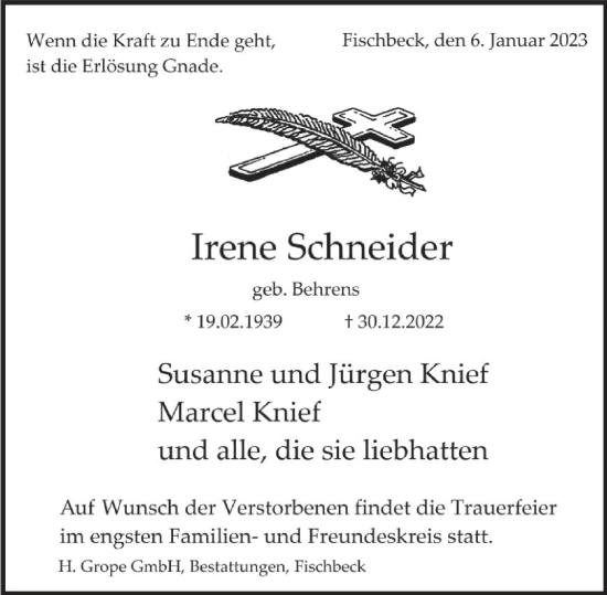 Traueranzeige von Irene Schneider von Deister- und Weserzeitung