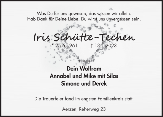 Traueranzeige von Iris Schütte-Techen von Deister- und Weserzeitung