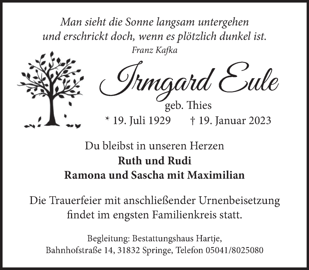  Traueranzeige für Irmgard Eule vom 21.01.2023 aus Neue Deister-Zeitung