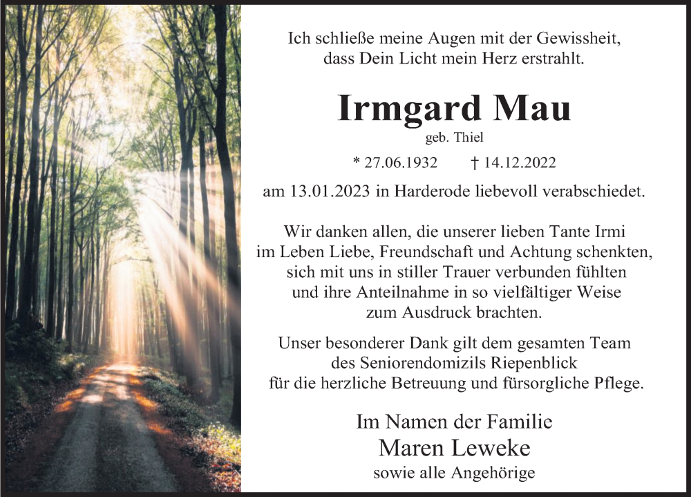  Traueranzeige für Irmgard Mau vom 28.01.2023 aus Deister- und Weserzeitung