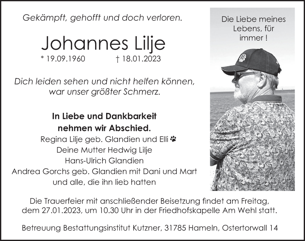  Traueranzeige für Johannes Lilje vom 25.01.2023 aus Deister- und Weserzeitung