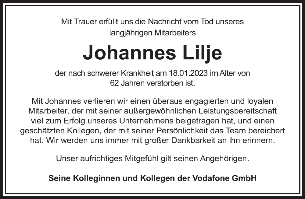  Traueranzeige für Johannes Lilje vom 28.01.2023 aus Deister- und Weserzeitung