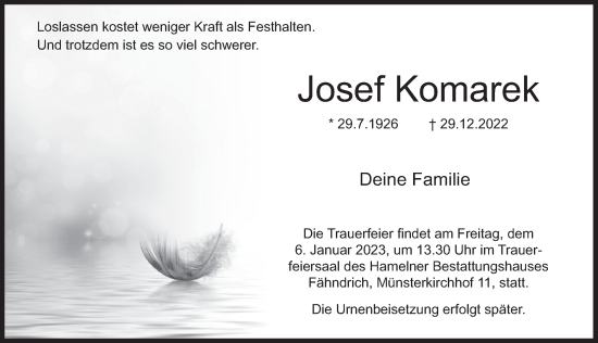 Traueranzeige von Josef Komarek von Deister- und Weserzeitung