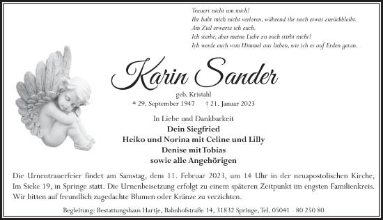 Traueranzeige von Karin Sander von Neue Deister-Zeitung