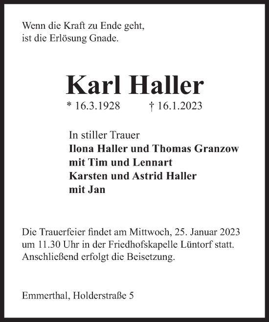 Traueranzeige von Karl Haller von Deister- und Weserzeitung