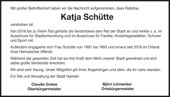 Traueranzeige von Katja Schütte von Deister- und Weserzeitung