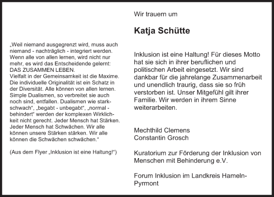 Traueranzeige von Katja Schütte von Deister- und Weserzeitung
