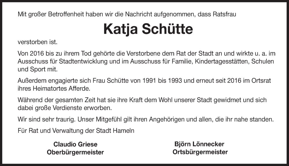  Traueranzeige für Katja Schütte vom 28.01.2023 aus Deister- und Weserzeitung