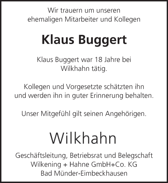 Traueranzeige von Klaus Buggert von Neue Deister-Zeitung