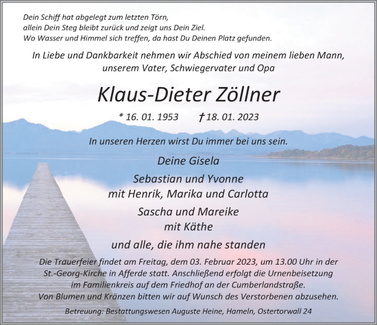 Traueranzeige von Klaus-Dieter Zöllner von Deister- und Weserzeitung