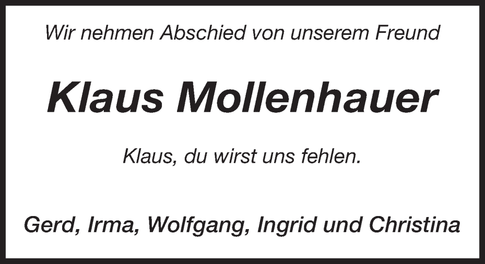  Traueranzeige für Klaus Mollenhauer vom 30.01.2023 aus Deister- und Weserzeitung