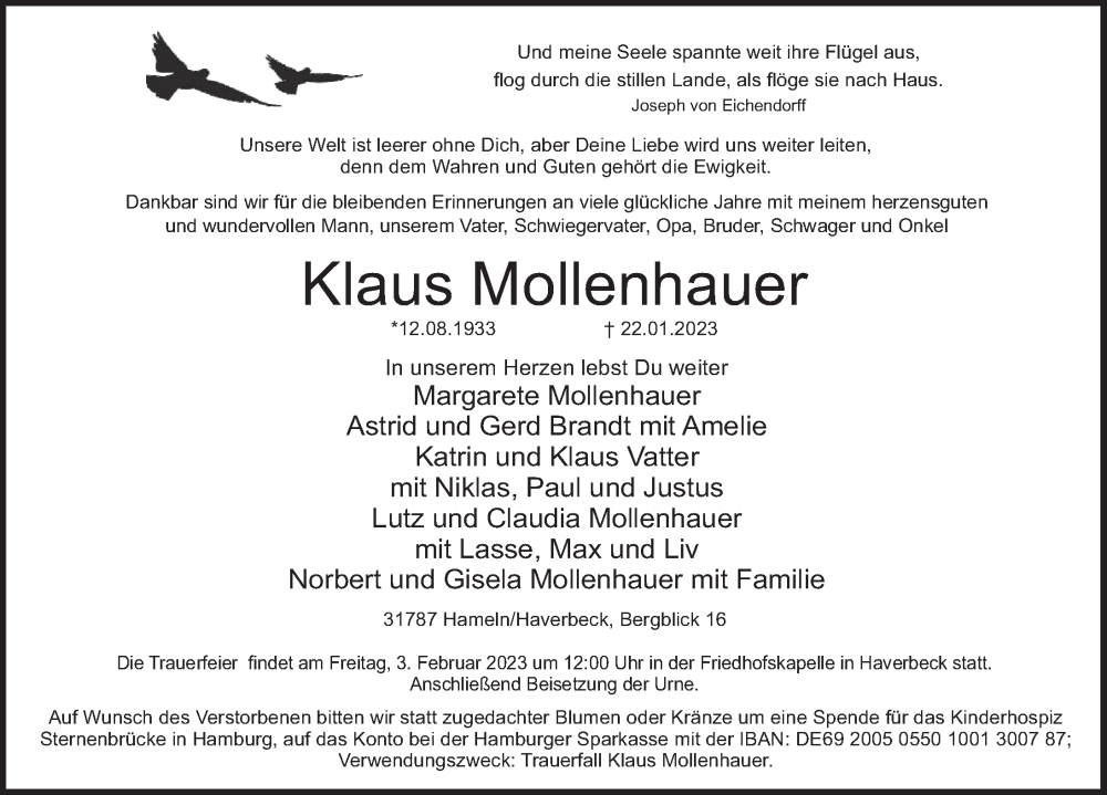  Traueranzeige für Klaus Mollenhauer vom 28.01.2023 aus Deister- und Weserzeitung
