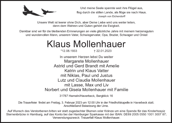 Traueranzeige von Klaus Mollenhauer von Deister- und Weserzeitung