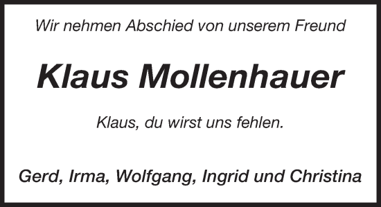 Traueranzeige von Klaus Mollenhauer von Deister- und Weserzeitung