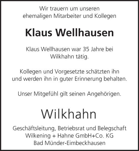 Traueranzeige von Klaus Wellhausen von Neue Deister-Zeitung