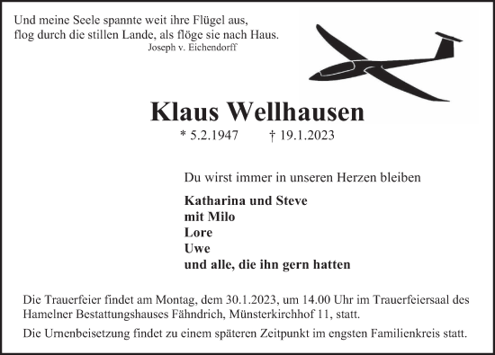Traueranzeige von Klaus Wellhausen von Deister- und Weserzeitung