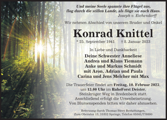 Traueranzeige von Konrad Knittel von Neue Deister-Zeitung