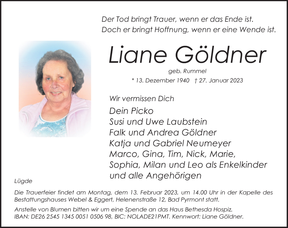  Traueranzeige für Liane Göldner vom 04.02.2023 aus Deister- und Weserzeitung