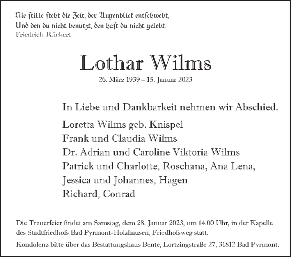  Traueranzeige für Lothar Wilms vom 21.01.2023 aus Deister- und Weserzeitung