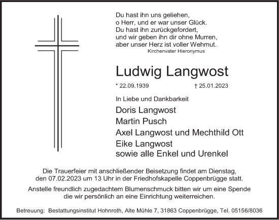 Traueranzeige von Ludwig Langwost von Deister- und Weserzeitung
