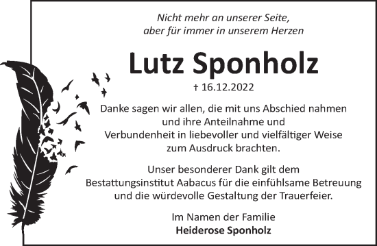 Traueranzeige von Lutz Sponholz von Neue Deister-Zeitung