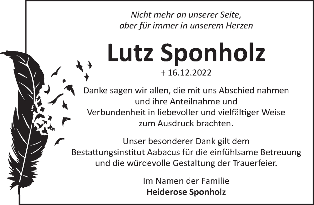  Traueranzeige für Lutz Sponholz vom 07.01.2023 aus Neue Deister-Zeitung