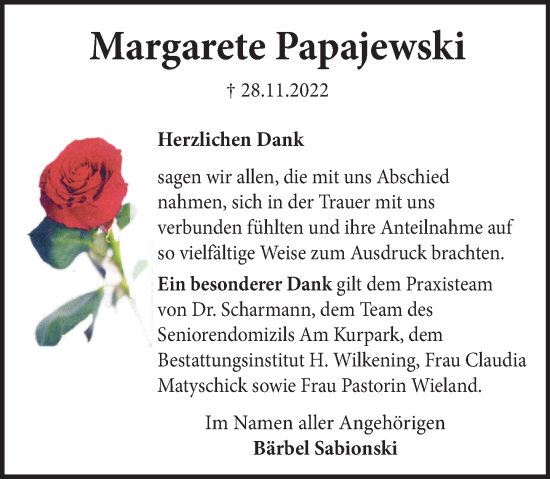 Traueranzeige von Margarete Papajewski von Neue Deister-Zeitung