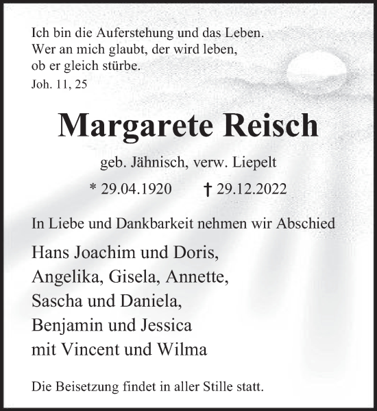 Traueranzeige von Margarete Reisch von Deister- und Weserzeitung